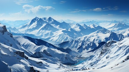 Obraz premium An awe-inspiring alpine landscape reveals a majestic snow-capped mountain range surrounded by glacial formations, as a serene river winds its way through the arctic terrain under a cloud-filled sky