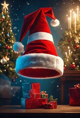 Santa's magic hat upside down , Christmas ambience, commercial ad campaign, beautiful shot.