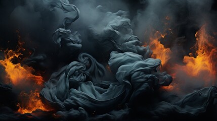 Fototapeta premium Digital artwork depicts a group of people in a dark, smoky room. Dressed in black and white, they stand in various poses, some holding onto each other. Eerie and mysterious with glowing fire