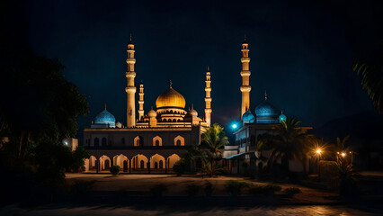 Fototapeta na wymiar Nightfall Serenity Of Islamic Mosque Amidst Celestial Beauty