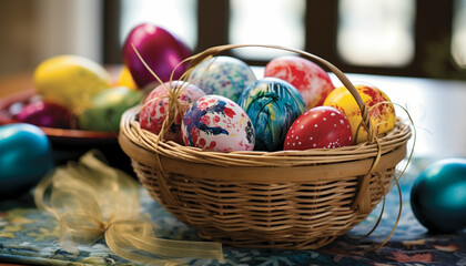 Fototapeta na wymiar Add colorful ribbons or twine to the basket handle and around the eggs for a festive and polished look