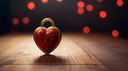 A red heart-shaped padlock on a wooden surface, illuminated with a soft bokeh background