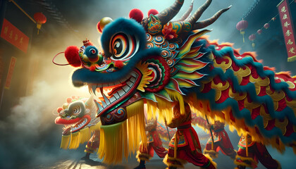 Traditional chinese dragon dance during new year celebration.