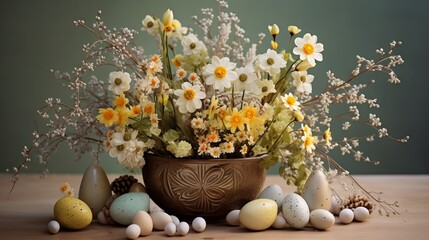 Easter Decoration. Bouquet of spring flowers, pastel colored eggs on the table on grey wall background. Beautiful greeting card.