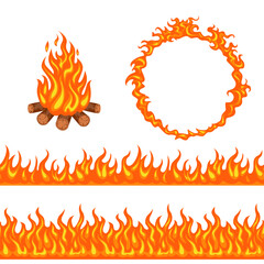 Vector Fire. Set of design elements isolated on white background. Ring of flame, fire seamless pattern and bright bonfire with firewood. Cartoon flat illustration.