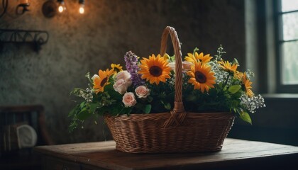  a wicker basket with sunflowers and other flowers in it on a table in a room with a dark wall and a chandelier in the background.