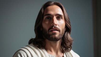  a close up of a man with long hair and a beard wearing a white shirt with a cross on it's chest and a cross on it's chest.