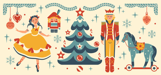 Fairy Tail set of nutcracker. Christmas tree decorations. Isolated vector illustration. Elegant flat style art. Vintage Noel collection of isolated holiday illustrations, stickers.