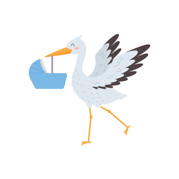 Stork carries a baby's cradle, cartoon vector illustration on white