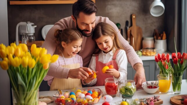 Happy family spending time together during Easter holiday at home. Two cute kids painting easter eggs with dad in a bright kitchen with tulips. Happy easter!