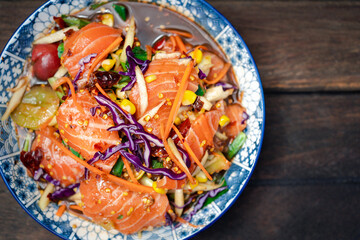 Thai Culinary Excellence Vibrant Thai Salmon Salad with Exotic Flavors and Fresh Ingredients