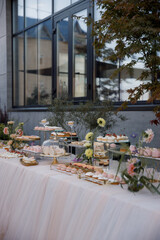 Candy bar. White wedding cake decorated with flowers standing table with deserts, strawberry tart and cupcakes. Wedding. Reception Tartlets