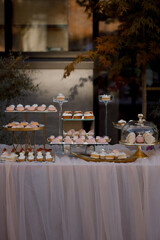 Luxury candy bar on golden wedding. Candy bar decorated by flowers standing of festive table with deserts, and cakes, strawberry tartlet, cupcakes and macarons. Wedding. Reception Tartlets