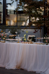 Candy bar. White wedding cake decorated with flowers standing table with deserts, strawberry tart and cupcakes. Wedding. Reception Tartlets