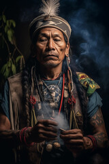 A tribal healer channels healing energy surrounded by glowing herbs and crystals
