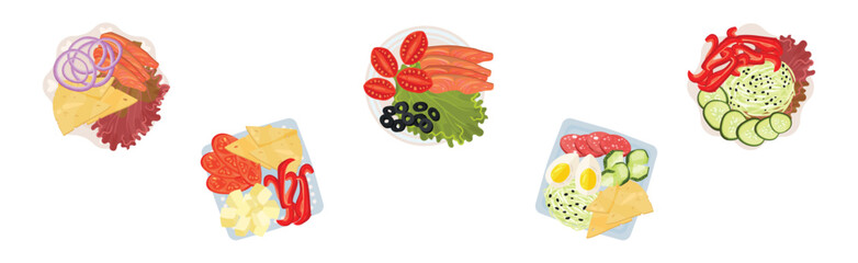 Sliced and Cut Vegetables, Wurst, Cheese and Fish Served on Plate Above View Vector Set