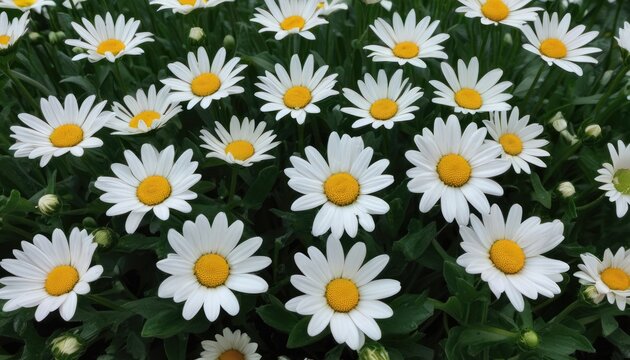  a field of white and yellow daisies with green leaves in the foreground and a yellow center in the middle of the center of the daisy's petals.