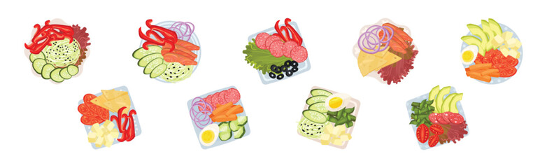 Sliced and Cut Vegetables, Wurst, Cheese and Fish Served on Plate Above View Vector Set