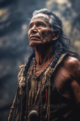 a native warrior stands amidst ancient ruins