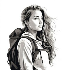 Black and white portrait of a teenager. Female tourist with backpack. Drawn in pencil. Smiling young woman traveler