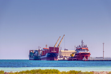 Port with Two Large Cargo Ships in Zarzis, Southern Tunisia