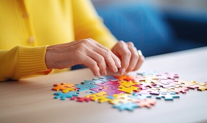 Placing the Missing Piece: A Puzzle Enthusiast Completing a Puzzle on a Table