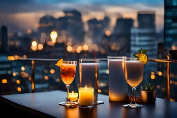 juice glass with candle light in rooftop - obrazy, fototapety, plakaty
