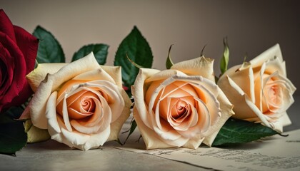  a group of three roses sitting next to each other on top of a piece of paper next to a red rose on top of a piece of a piece of paper.