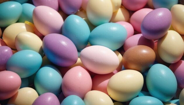  a close up of a bunch of candy eggs in pastel blue, pink, yellow, and green colors of the same color as the eggs in the picture.
