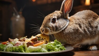  a rabbit eating a plate of food with lettuce, carrots, and meat in front of a glass of milk and a bottle on a wooden table.