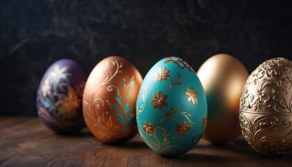  a row of painted eggs sitting on top of a wooden table in front of a black wall with a floral design on the side of the eggs and the row.