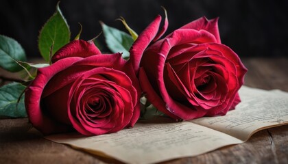  two red roses sitting on top of a piece of paper on top of a wooden table next to a piece of paper with writing on top of a piece of paper.