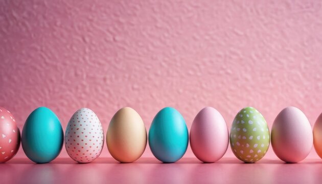  a row of colorful easter eggs on a pink surface with a pink wall in the back ground and a pink wall in the back ground in the middle of the row.