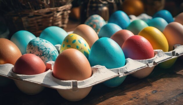  a carton filled with eggs sitting on top of a wooden table next to a basket of eggs on top of a table next to another carton filled with eggs.