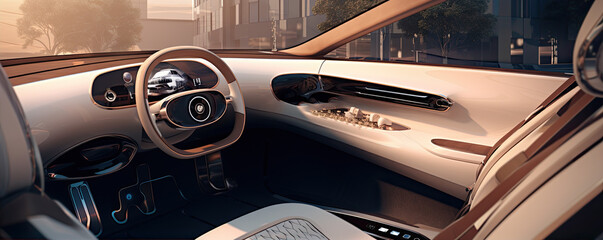 Luxury electric car interior. Modern design inside of future vehicle or supercar.  copy space for text.