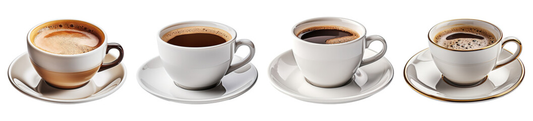 Set of white coffee cups isolated on a transparent background.