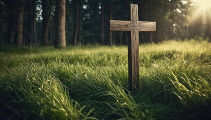  a wooden cross sitting in the middle of a grass covered field in front of a row of trees with the sun shining down on the grass and the ground behind it.