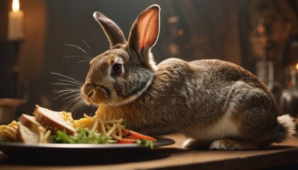  a rabbit sitting next to a plate of food with carrots and a slice of bread on the side of the plate and a candle on the table in the background.