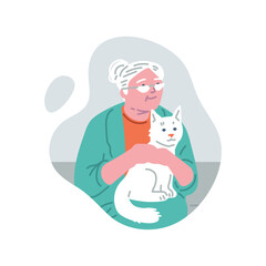 Happy elderly woman in glasses with white cat, owner enjoying spending time with pet vector isolated illustration