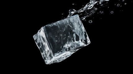 Falling ice cube on a black background. Frozen water.