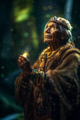 Obraz premium a native spirit guide beneath the enchanting glow of a will-o'-wisp
