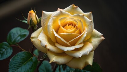  a close up of a yellow rose with water droplets on it's petals and a green leafy bush in front of a black background with a dark background.