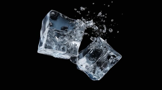 Falling ice cubes on a black background. Frozen water.