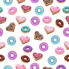 Seamless pattern of delicious multi-colored donuts in glaze on a white background.Vector pattern for textiles, wrappers, backgrounds, restaurants.