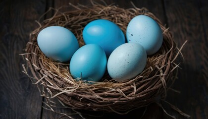  a nest filled with blue eggs sitting on top of a wooden table next to a pile of straw on top of a wooden table next to a wooden table top.