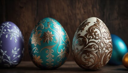  a group of three decorated eggs sitting next to each other on top of a wooden table next to an orange and a blue and gold egg on a wooden table.