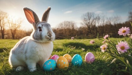  a rabbit sitting in the grass next to a group of eggs with painted eggs in front of it and daisies in the foreground, with a blue sky in the background.