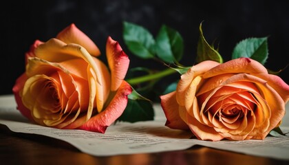  two orange roses sitting on top of a piece of paper next to each other on top of a wooden table next to a piece of paper with writing on it.