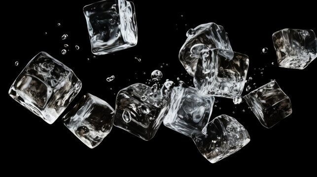 Falling ice cubes on a black background. Frozen water.