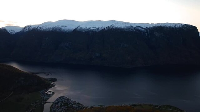 aerial view of Aurlandsfjord fjord during sunset at stegastein view point in norway